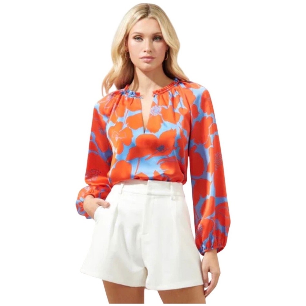 Sugarlips Red Blue Floral Satin Ruffle Neck Vacation Blouse Womens Large NEW